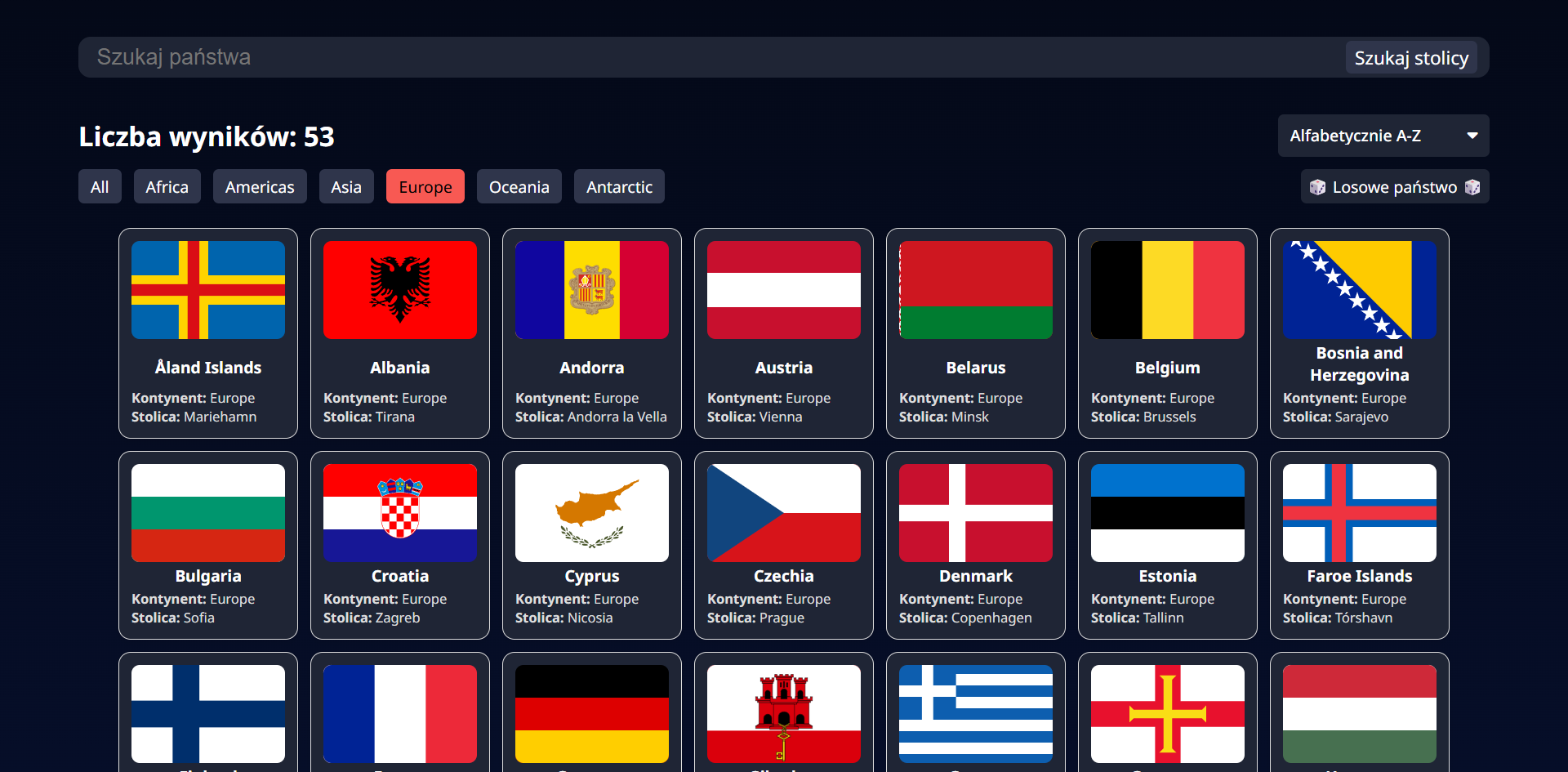 Country explorer - main view with list of countries