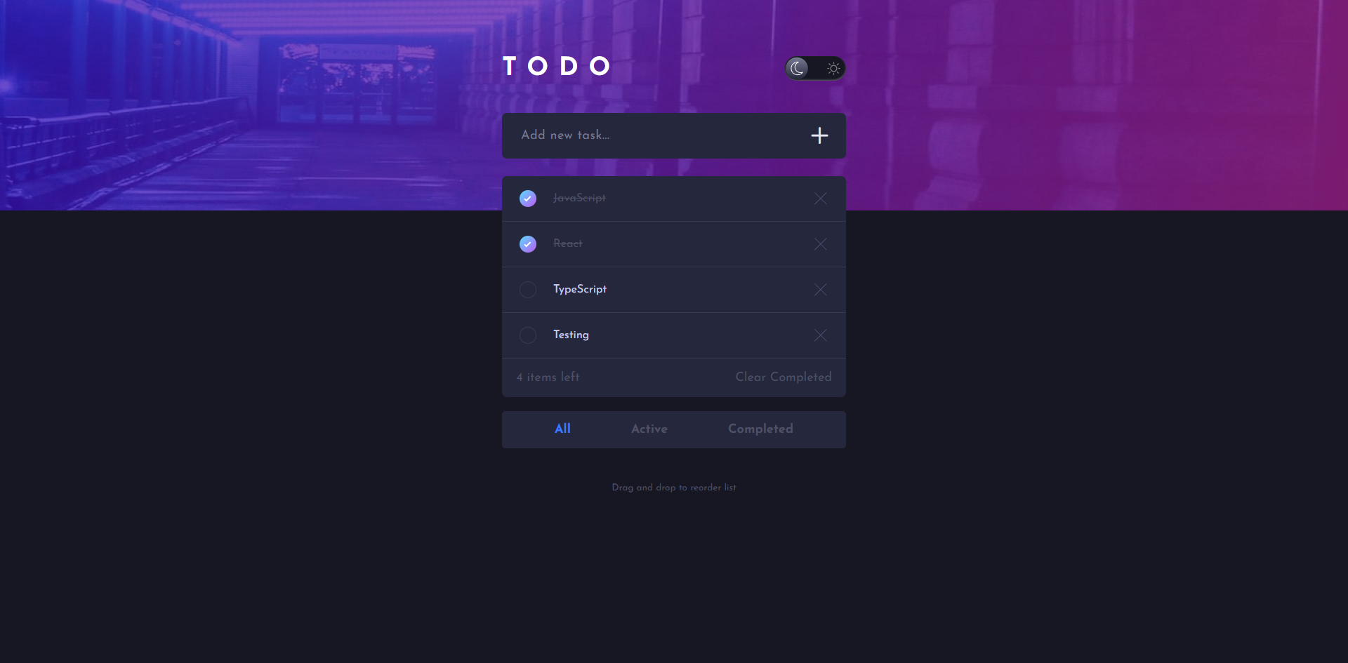 To Do App - dark theme showing task list and controls